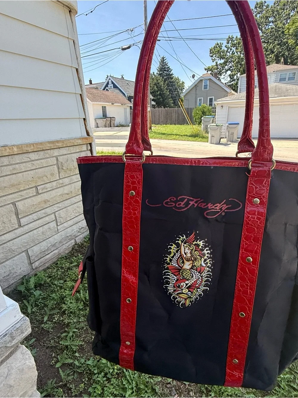 Ed Hardy Black Tote with Red Trim and Tattoo Graphic